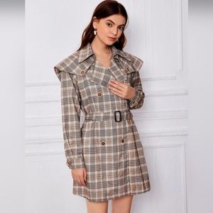 SHEIN Unity Plaid Print Sailor Collar Belted Trench Coat